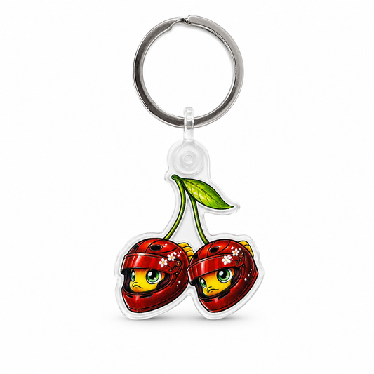 Cherry racing helmet acrylic keychain, front view