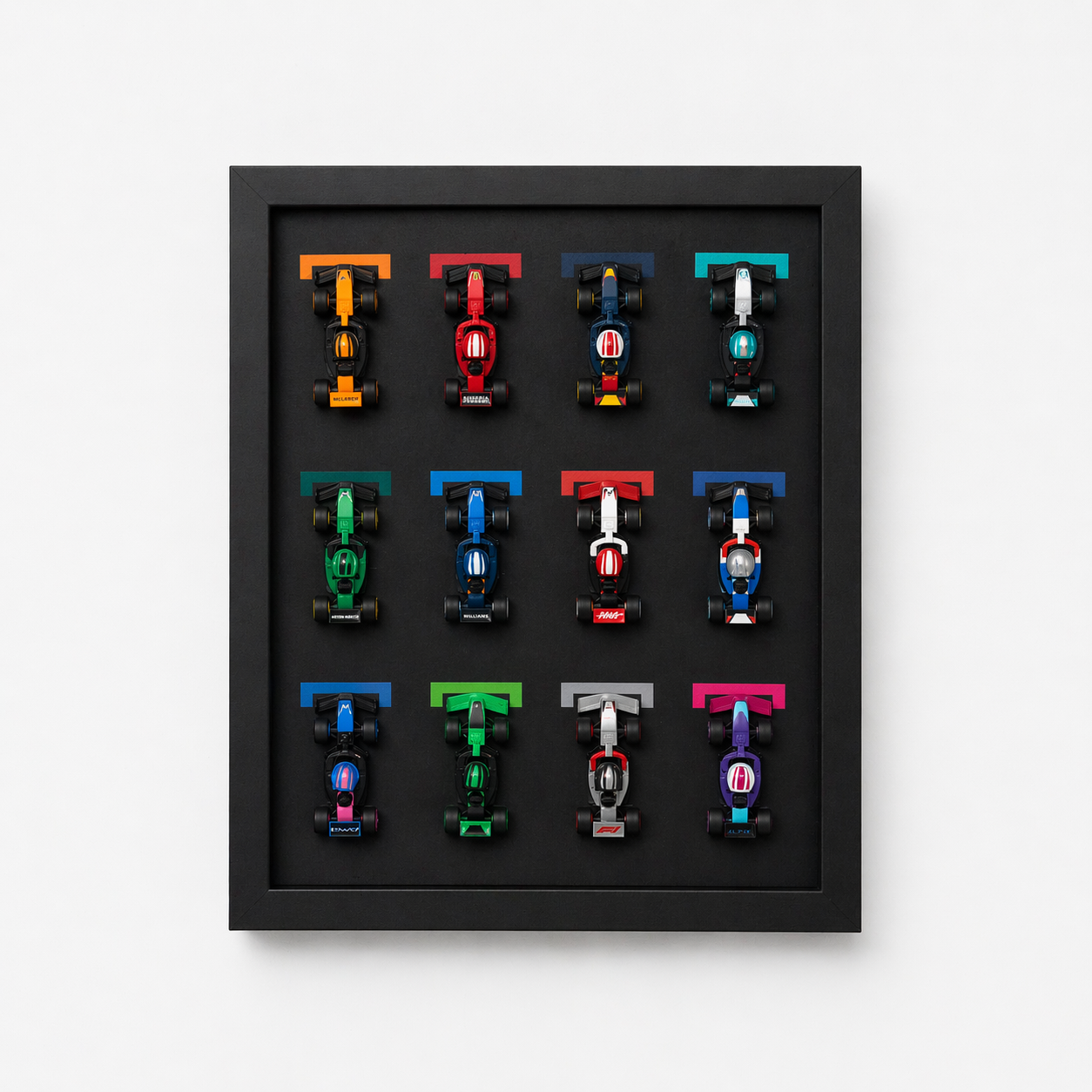 Display case full of LEGO F1 collectible race cars