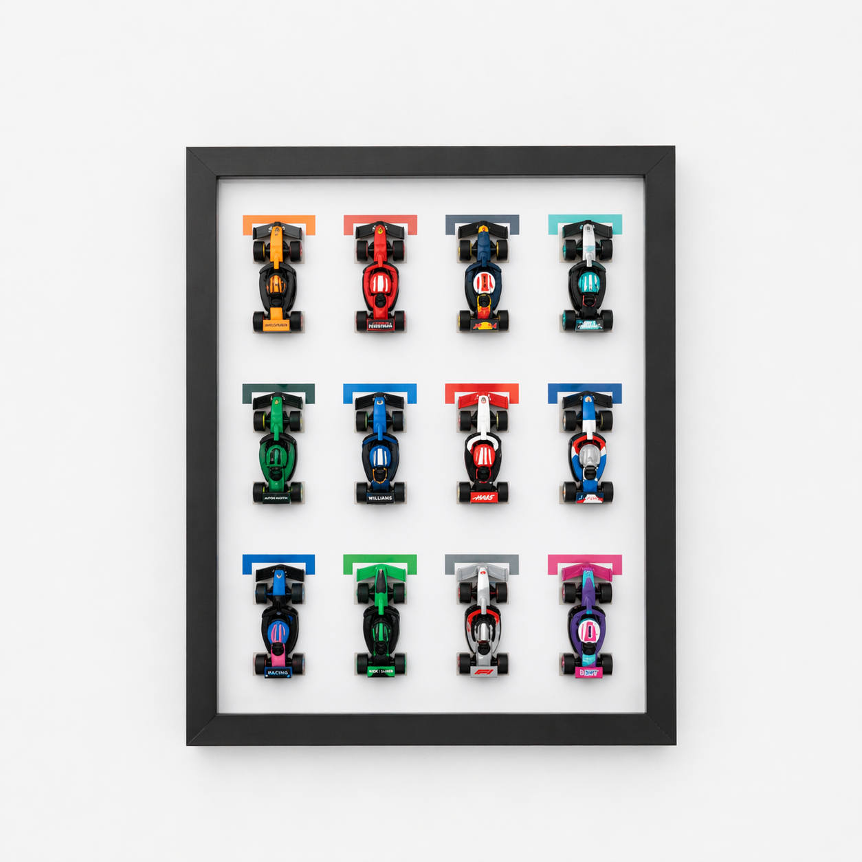 LEGO F1 collectible race cars in a wall-mounted display case