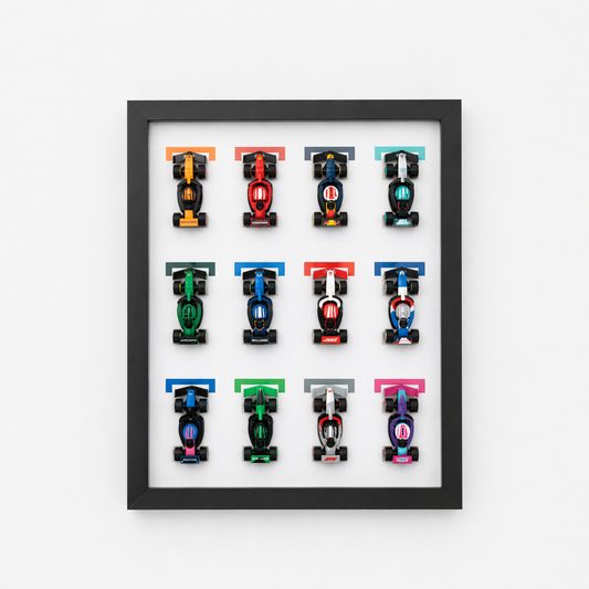 LEGO F1 collectible race cars in a wall-mounted display case