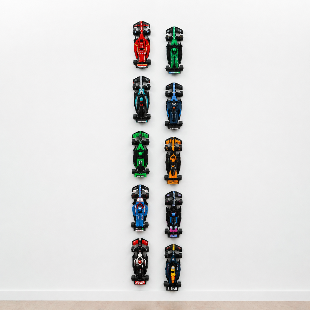 LEGO F1 Speed Champions cars floating on a wall in a styled room