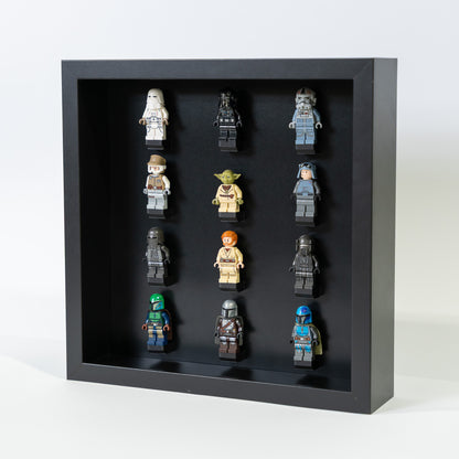 12-figure LEGO minifigure wall display case, front view