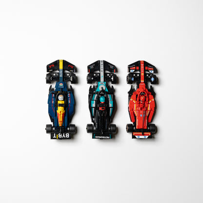 Detail of the 3D-printed wall mount holding a LEGO F1 Speed Champions car