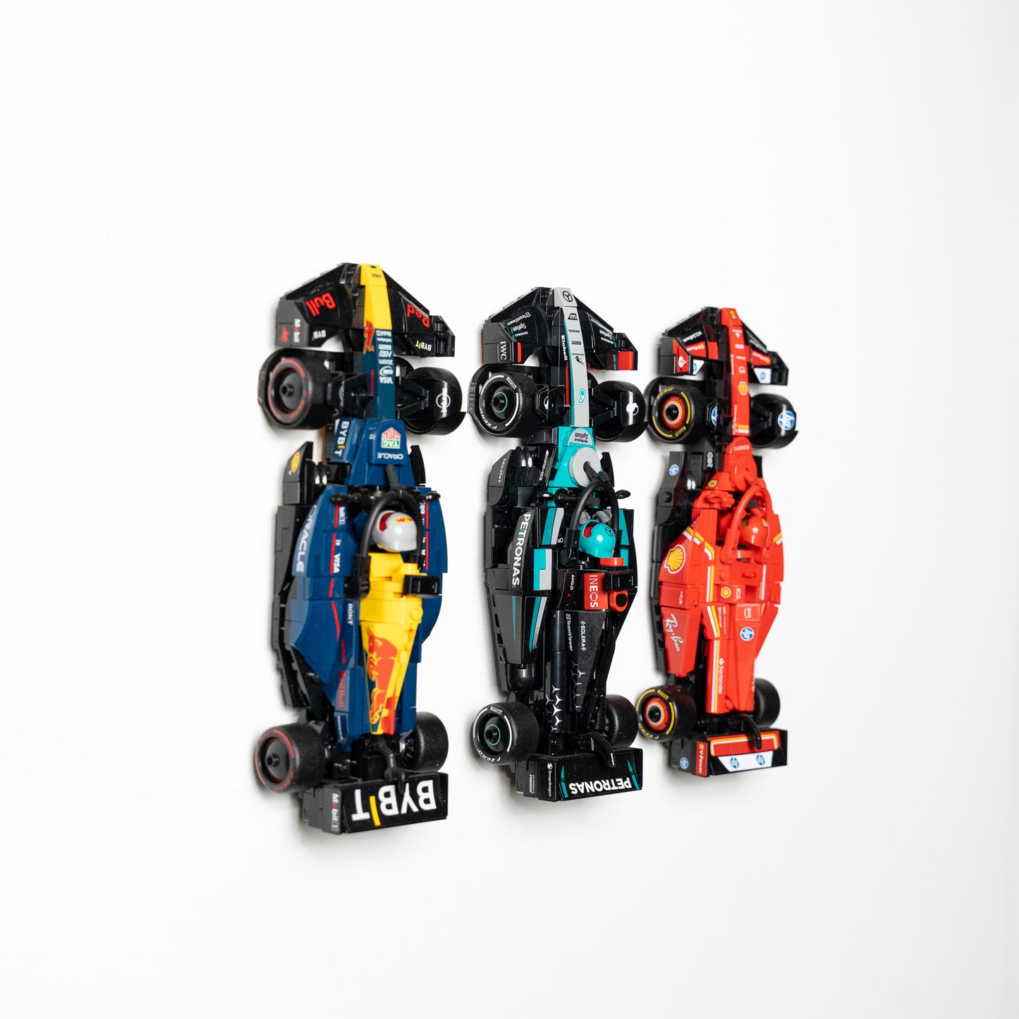 LEGO F1 Speed Champions car on a wall mount, side detail
