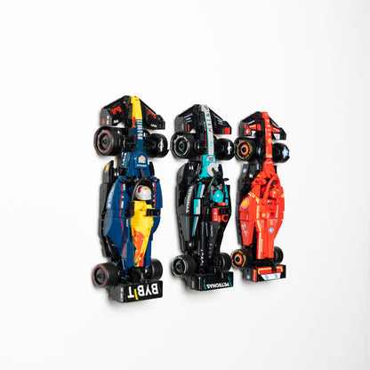 LEGO F1 Speed Champions car on a wall mount, side detail