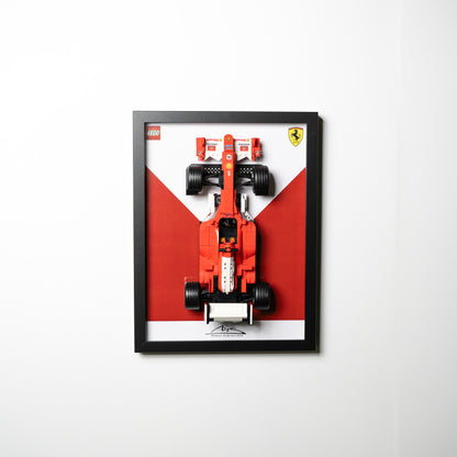 Detail of a LEGO Icons F1 car framed and wall-mounted
