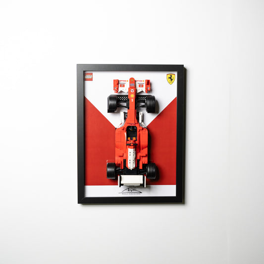 Detail of a LEGO Icons F1 car framed and wall-mounted