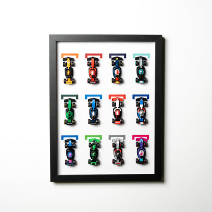 LEGO F1 race car display case close-up
