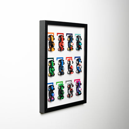 LEGO F1 race car display case mounted on the wall