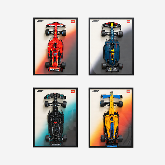 LEGO Technic F1 cars displayed in wall-mounted frames, four-set render